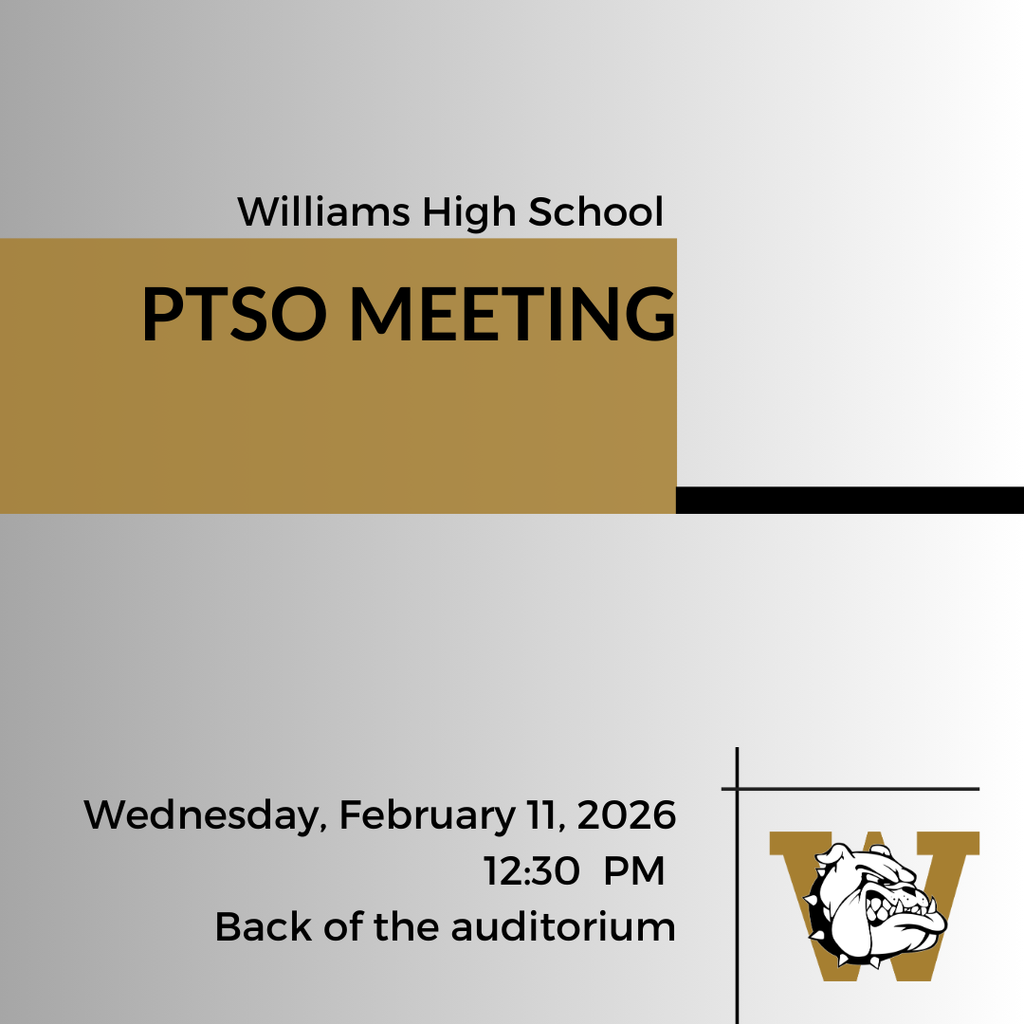 Grey to white gradient with black and gold writing with the Williams Bulldog graphic on top of a gold W