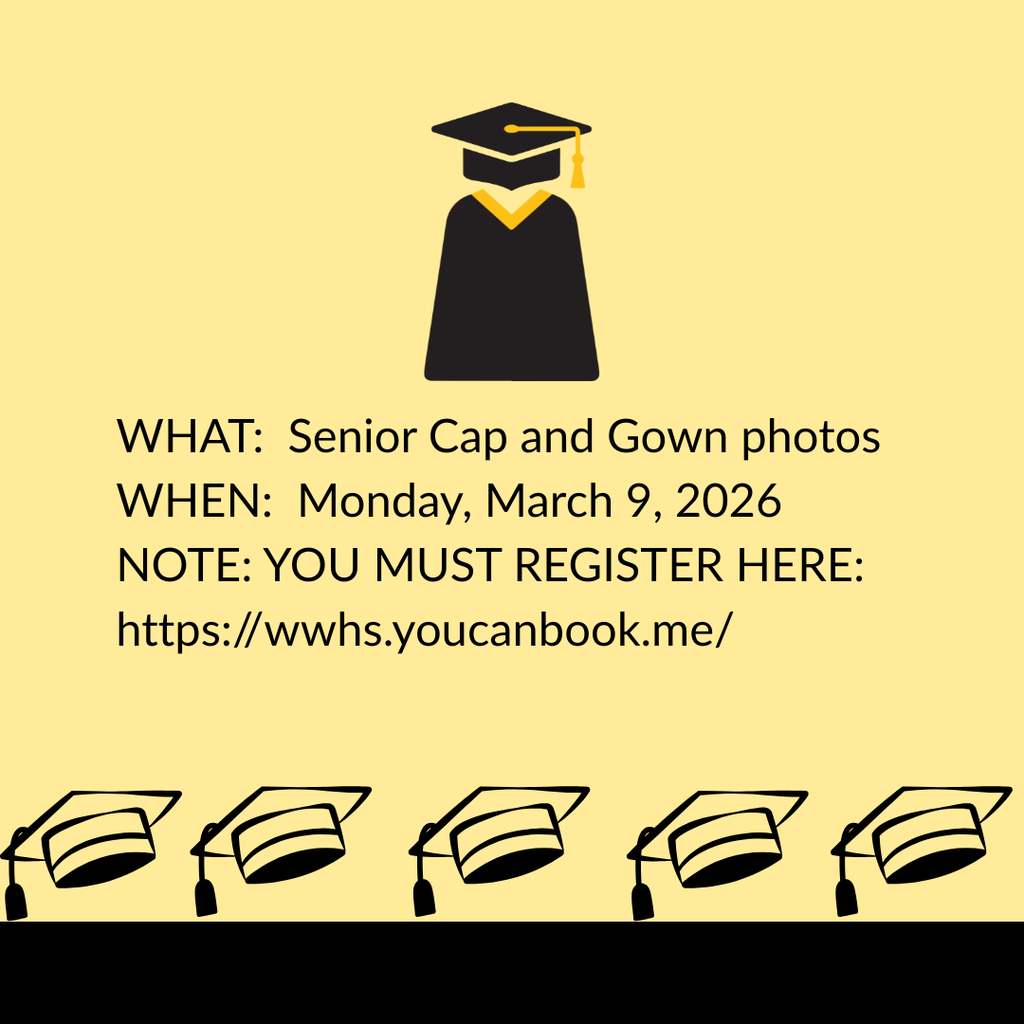 Yellow background with black writing and an image of a cap and gown and graduation caps. 