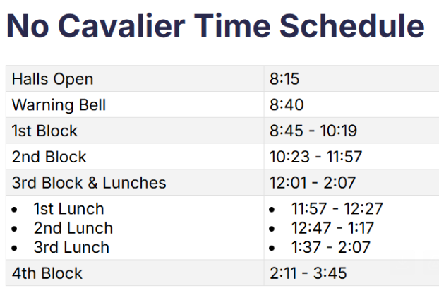 No Cavalier Time Schedule