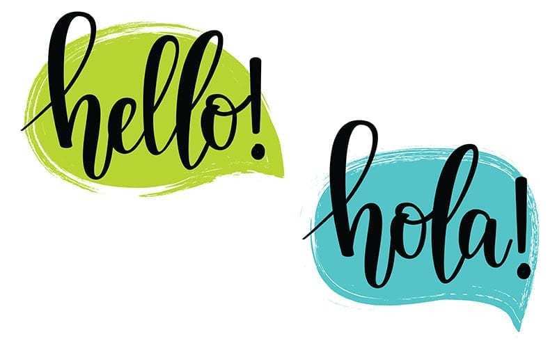 Speech bubbles with the words hello and hola
