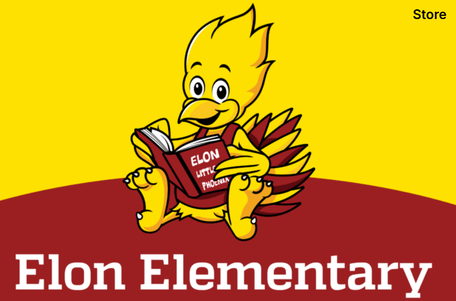 Elon Elementary's mascot, the little phoenix, holding a book