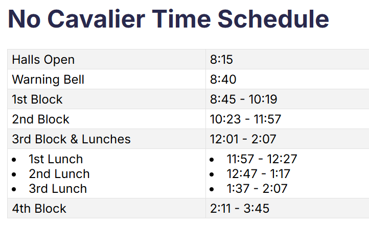 No Cavalier Time Schedule