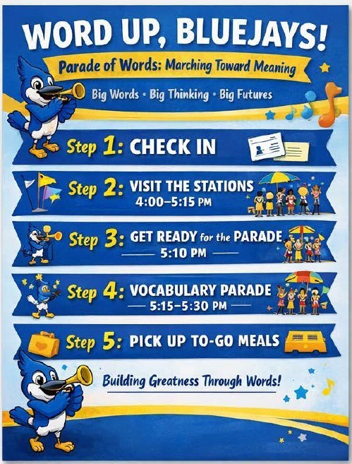 WORD UP, BLUEJAYS! We look forward to seeing everyone tonight from 4:00-6:00 for our Vocabulary Parade Night, where we plan to continue to build greatness through vocabulary.