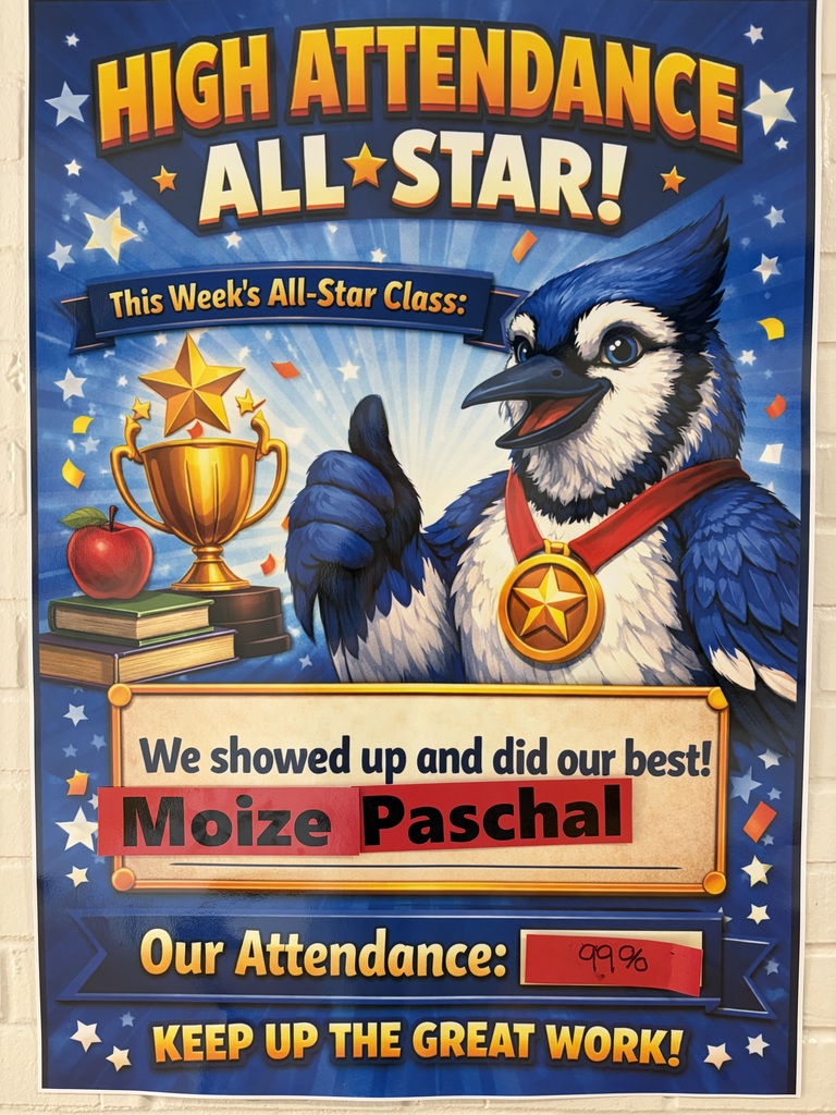 Our Blue Jays are Showing Up! We are awarding attendance weekly. Our All-Star Classes last week were Moize and Paschal in Kindergarten, with 99% Mr. Johnson in 4th grade, with 98%. Way To Go!!! Don't Be Tardy for The Party! This will be a weekly individual prize for each student. Rules for the Party: 1. Be Here on Time ( gotta get up and get moving) 2. Be at school. ( if you have a fever, or stomach issues stay home) you get another chance the next week. 3. Be at school all day ( no early check outs)