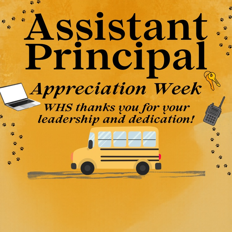 yellow background with a school bus, black writing, dog prints, a chromebook, keys, and a walkie talkie