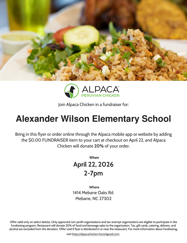 Alpaca Spirit Night at Alexander Wilson; flyer includes picture of a dish and details for the event (4/22 from 2-7pm)