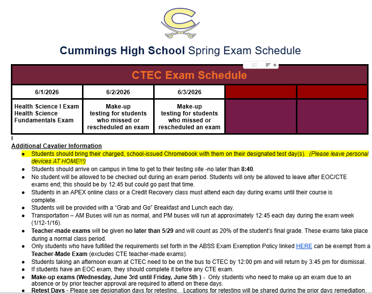 Spring Sem 2 Exam Schedule CTE