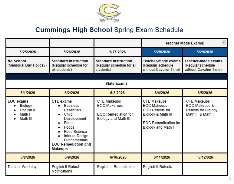 Spring Sem 2 Exam Schedule