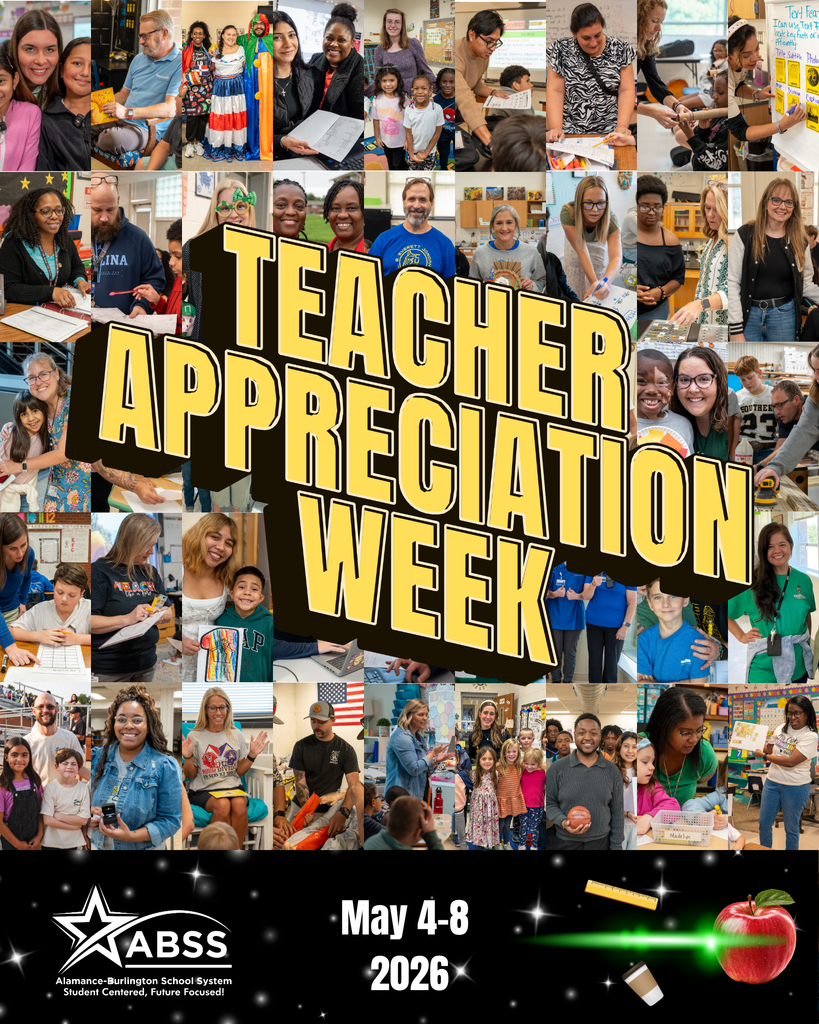 A collage of classroom teachers with bold, yellow text on top that says TEACHER APPRECIATION WEEK. At the bottom is a black, space-themed bar with white ABSS logo, white text that says May 4-8, 2026, and an apple with a green laser, a ruler, and coffee cup. The overall theme is a movie poster.