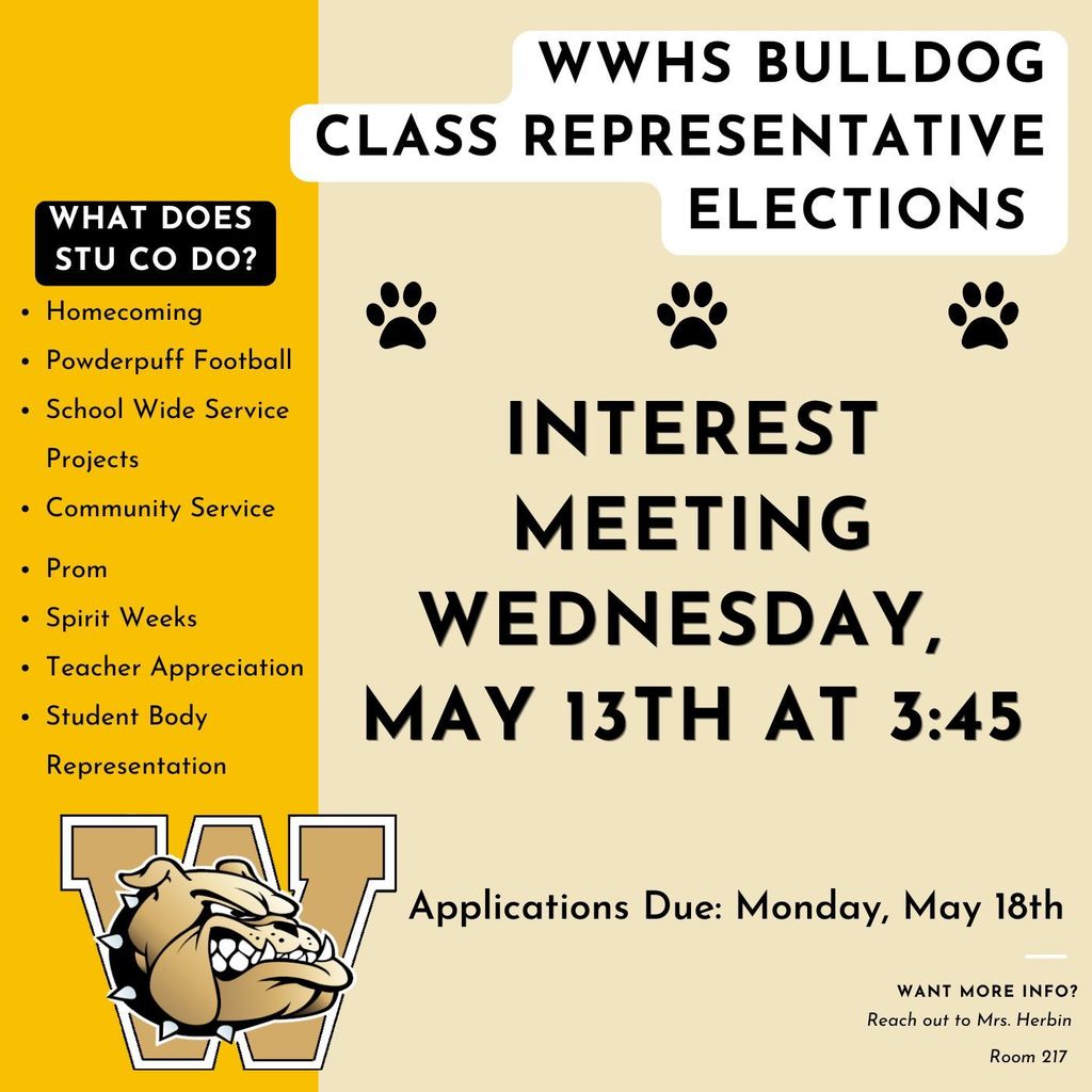Varying shades of yellow background boxes with black writing and the Williams Bulldog logo. 