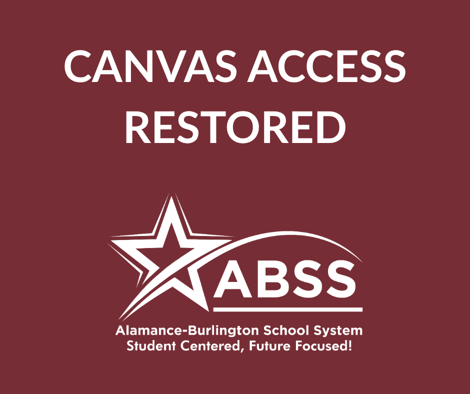 Burgundy solid color background white white ABSS logo and white text that reads "CANVAS ACCESS RESTORED"