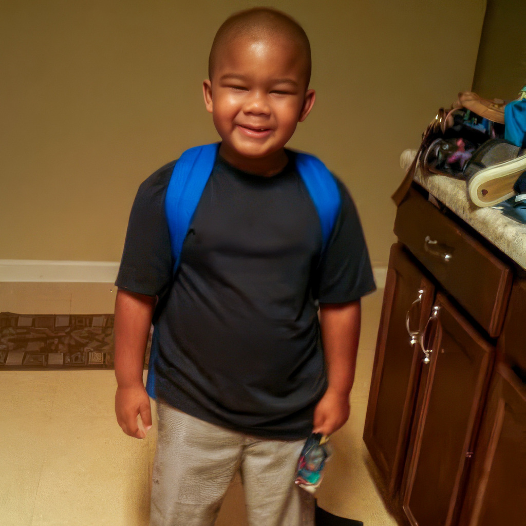 A young boy smiles inside a home setting wearing a black t-shirt and a blue backpack