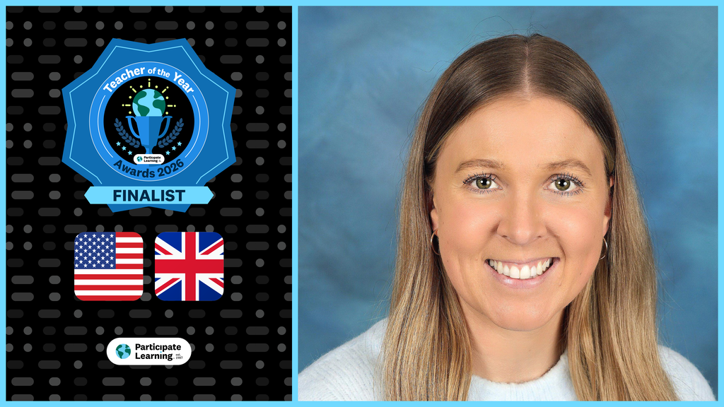 Portrait of Samantha Brown on the right with graphics on the left showing a Great Britain and USA flag, the Participate Logo, and a Teacher of the Year Awards 2026 trophy