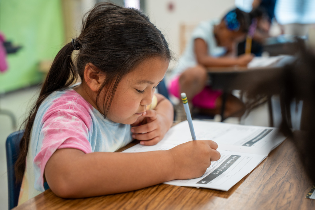 A young student concentrates on a reading assignment