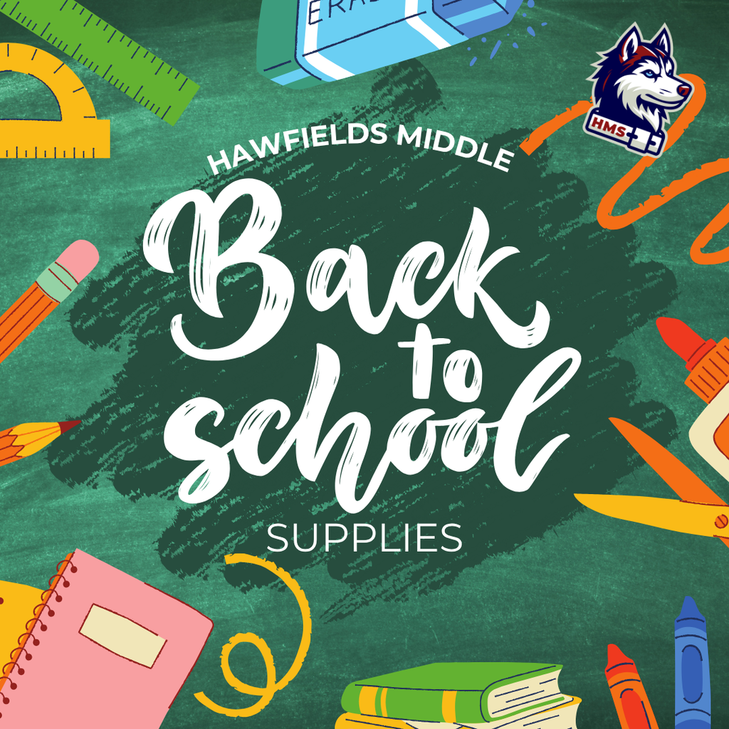 Colorful back to school supplies image with colorful school supplies and HMS husky