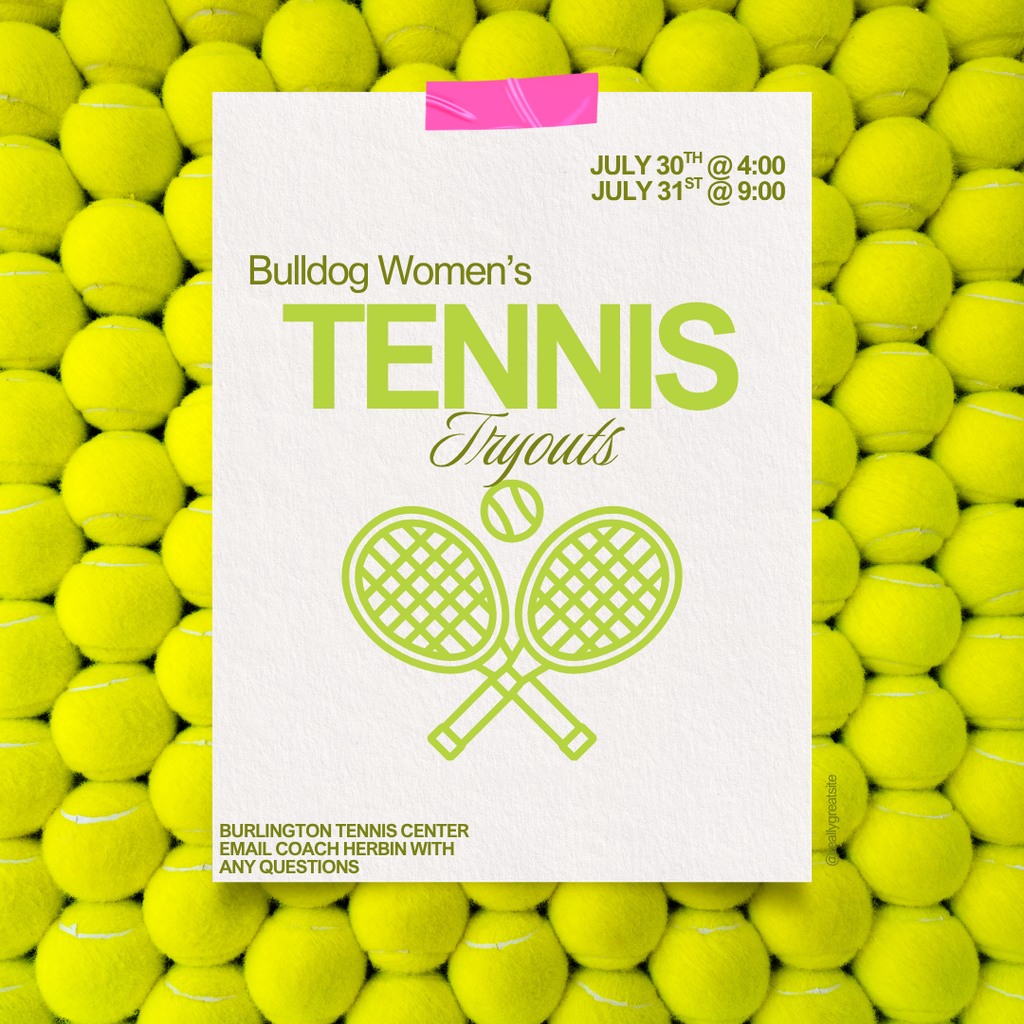 Tennis balls with a white banner with yellow writing and yellow tennis rackets. 