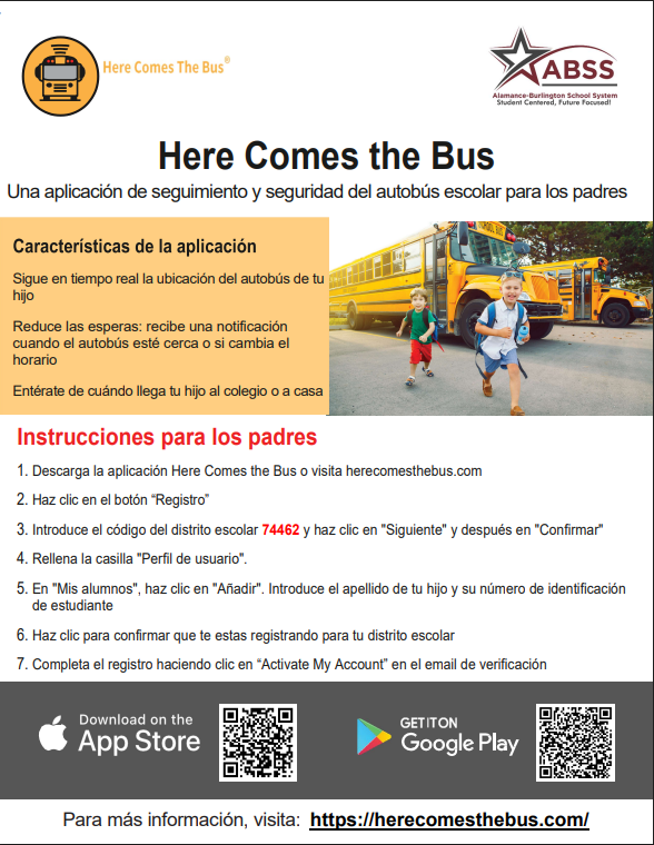 Picture of children walking near a bus. Instructional details for downloading the school bus tracking app in Spanish. QR images for iPhone and Androids.