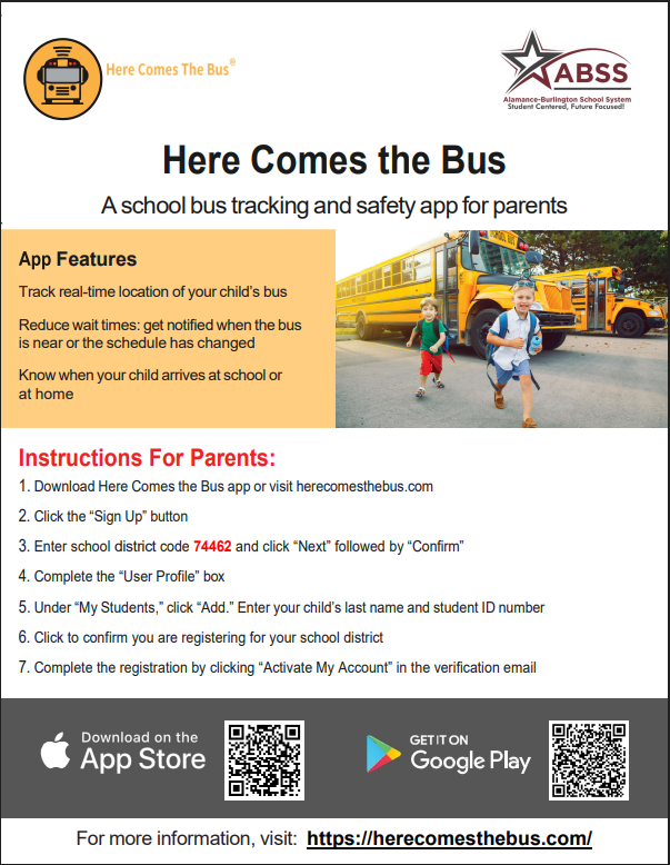 Picture of children walking near a bus. Instructional details for downloading the school bus tracking app in English. QR images for iPhone and Androids.