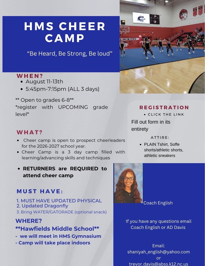gray and blue hms cheer camp with picture of gym and information regarding the camp