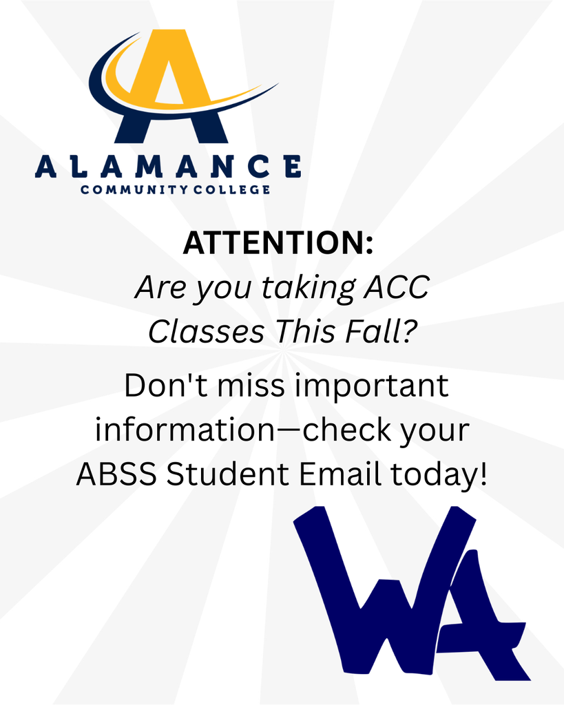 Taking ACC classes this fall? Be sure to check your ABSS student email today! Important information has been sent to help you prepare for the start of the semester. Don't miss these important updates—check your inbox as soon as possible.