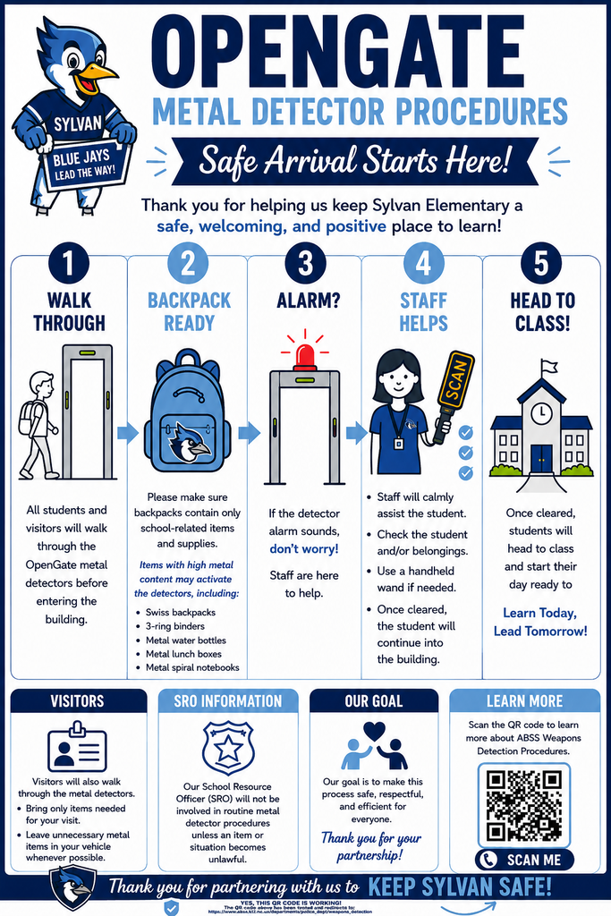🛡️ Creating a safe and welcoming learning environment for every student. 💙  This school year, Sylvan Elementary will be using OpenGate metal detectors as part of our arrival procedures. The process is quick, respectful, and designed to help ensure a safe start to every school day. Thank you to our families, students, staff, and visitors for your patience and partnership as we work together to keep our school community safe.  #SylvanElementary #SchoolSafety #SafeSchools #BackToSchool #OneTeamOneGoal