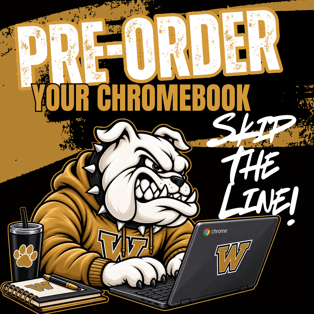 Bulldog sitting at a computer with yellow and white writing. 