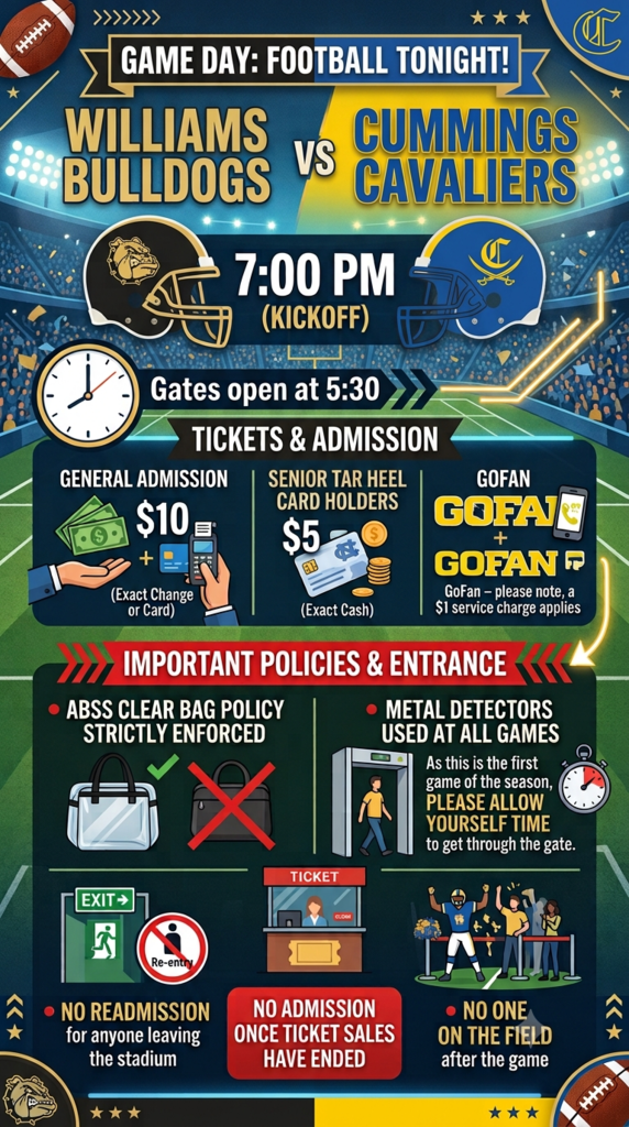 Black background with writing regarding information for tonight's game. 
