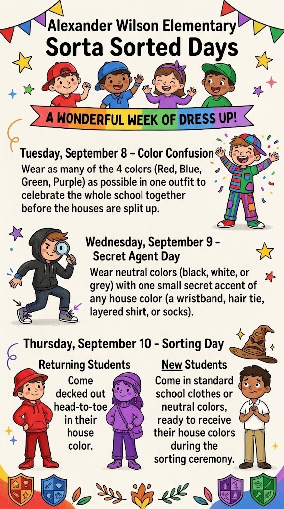 Alexander Wilson Sorta Sorted Day, has daily reminders about our spirit day events; image features kids wearing our different hosue colors: red, green, purple, blue