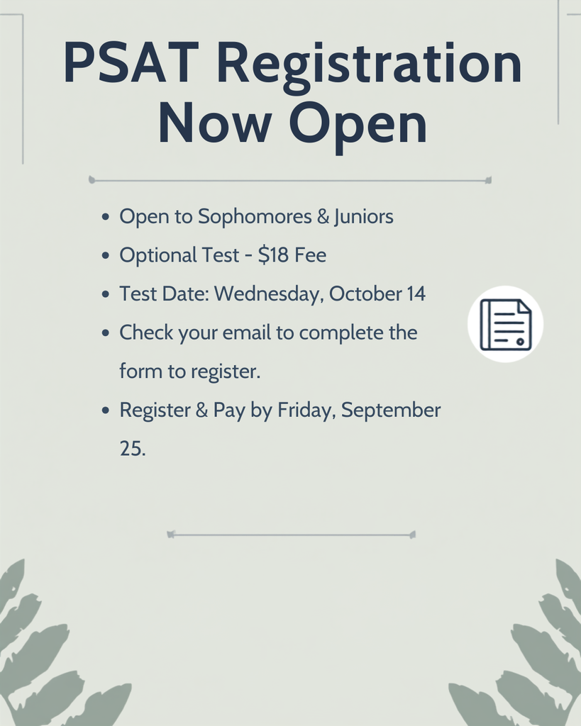 Grey background with black writing advertising the PSAT. 