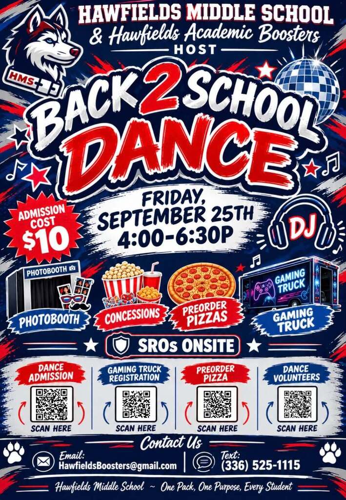 ai generated flyer for the hms back to school dance. includes qr codes for admission, gaming truck, pizza and volunteers. pictures and graphics included to add to the design