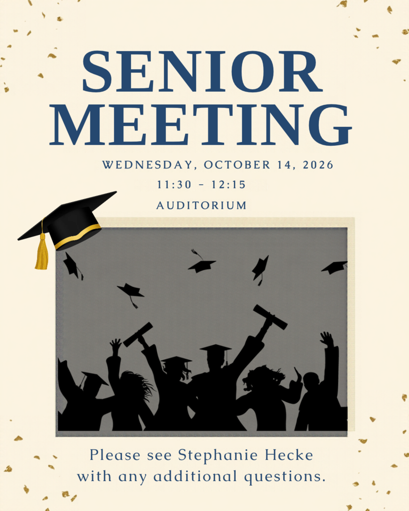 Tan background with graduating seniors on a grey background, a graduation cap, and black writing with gold confetti.