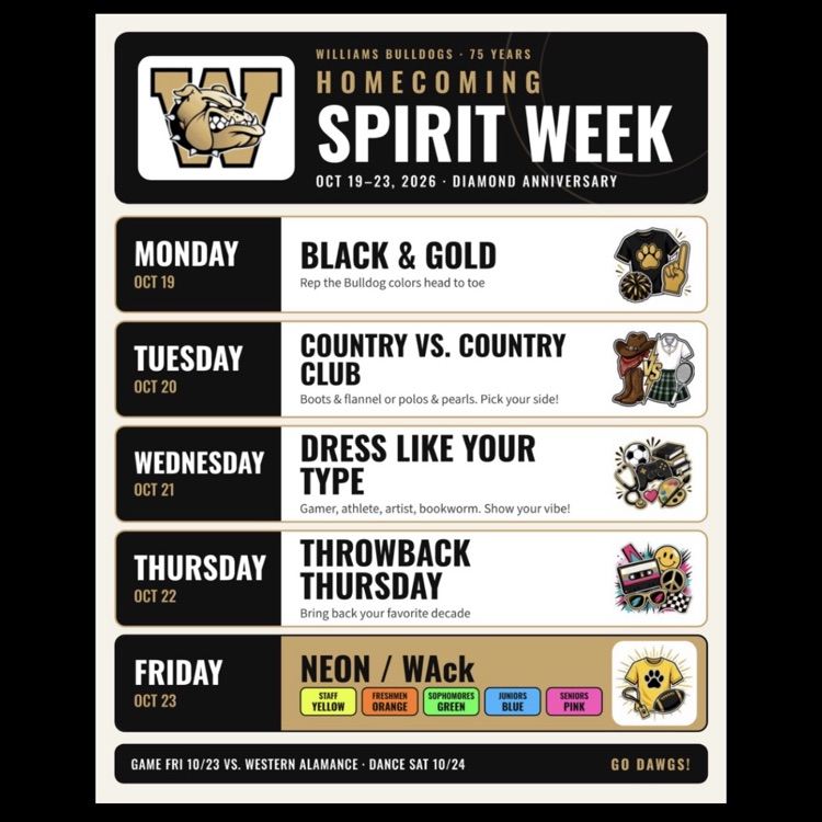 black and gold boxes that outline the week’s events