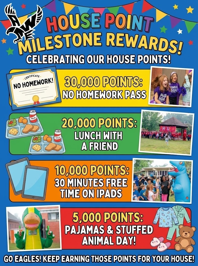 House Points Milestone Rewards flyer; details rewards at 5,000--stuffed animal/pjs; 10,000--30 minutes on ipad; 20,000-lunch with a friend; 30,000--no homework pass