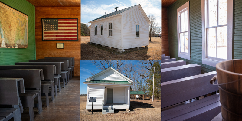 McCray School collage with two outside shots and two inside shots, one room schoolhouse