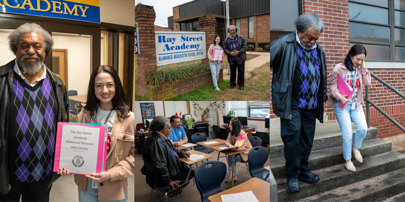 A collage of photographs from Ray Street Academy with two adults around various parts of the campus.  In some photos, a woman is holding a pink Ray Street Academy Museum binder.
