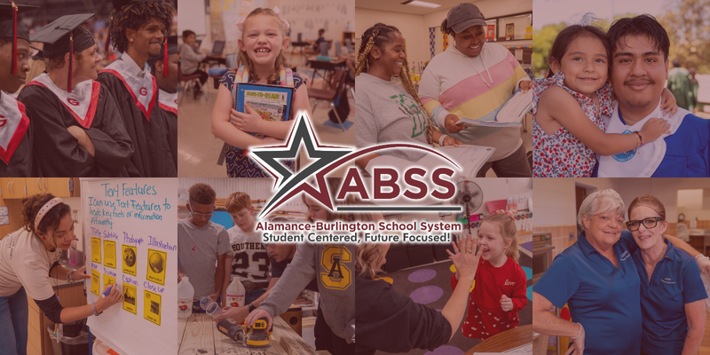 A collage of eight photographs representing students and staff of all ages within Alamance-Burlington School System, some in classroom settings and some smiling at the camera. The ABSS logo is overlaid on top of them in the center.