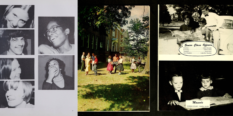 Three yearbook photos from different historic schools, featuring campus life and candid photographs