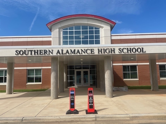 front of SAHS with student drop off signs