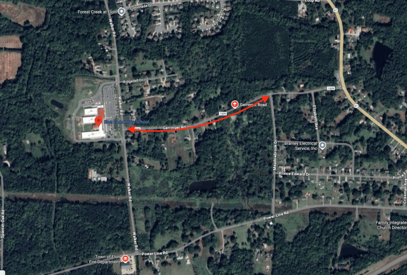 Gerringer Road aerial map with a red arrow showing road closure