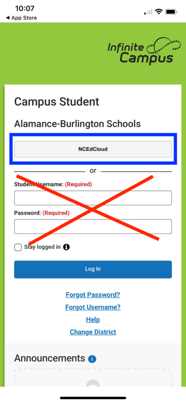 Screenshot of Campus Student app for Infinite Campus access highlighting NcEdCloud as the sign in method