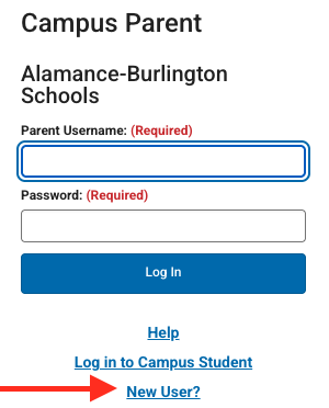 Screenshot of Campus Parent with an arrow pointing to New User? button