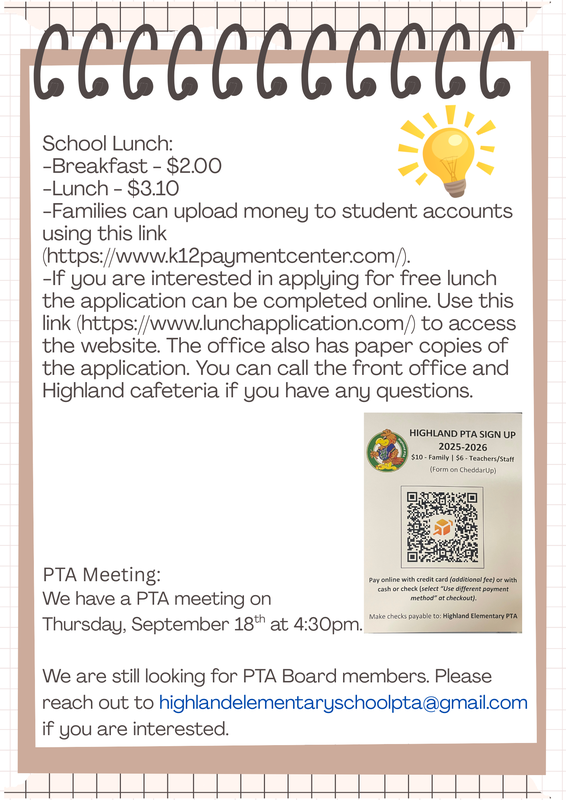 Lunch and PTA information
