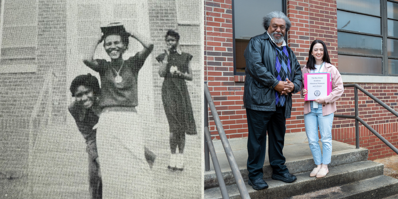 A side by side photo of students at Graham High School on the left and Mary and Mr. Shields on the right