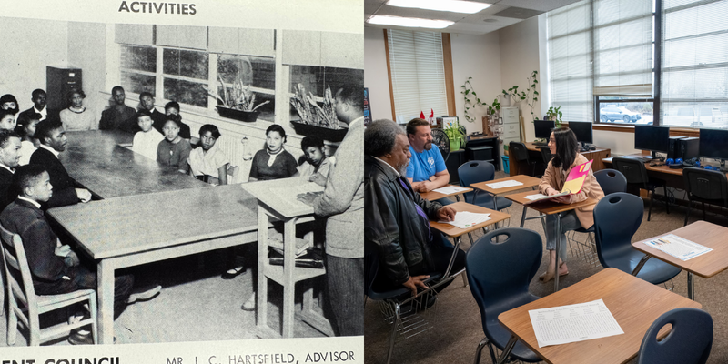 Side by side photos of the original meeting room on the left with Black students and teacher and on the right the current room which is now a classroom