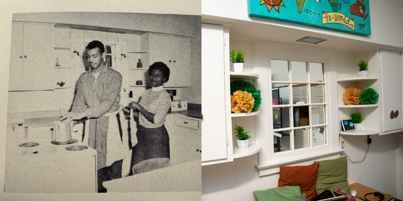 side by side photo of two students at the old Graham High School in front of cabinets and a kitchen setting, on the right are the original cabinets but painted white with modern decor