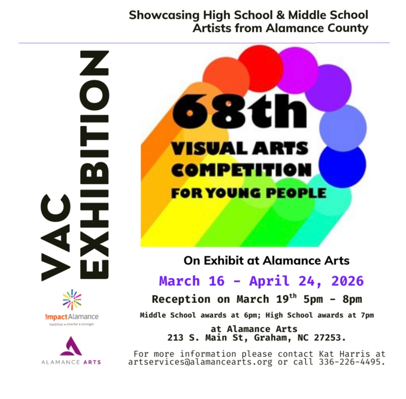 Event flyer with details about the 68th Visual Arts Competition for Young People - March 16-April 24th at the Alamance Art Museum