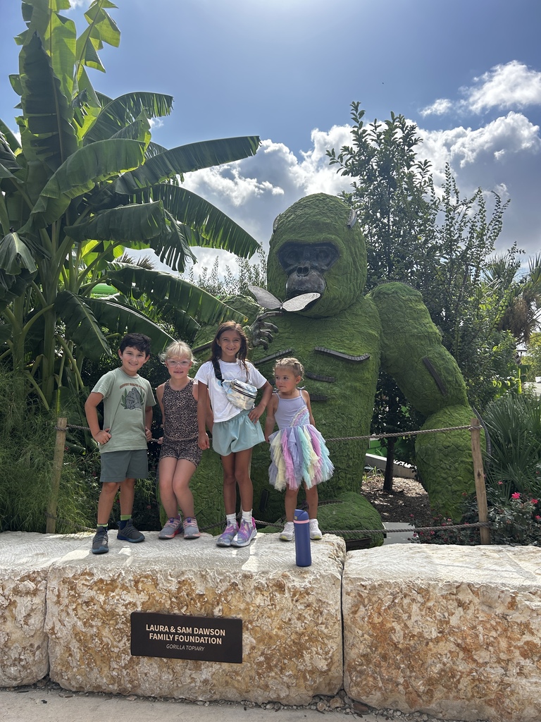Students stand on rock near gorilla topiary 