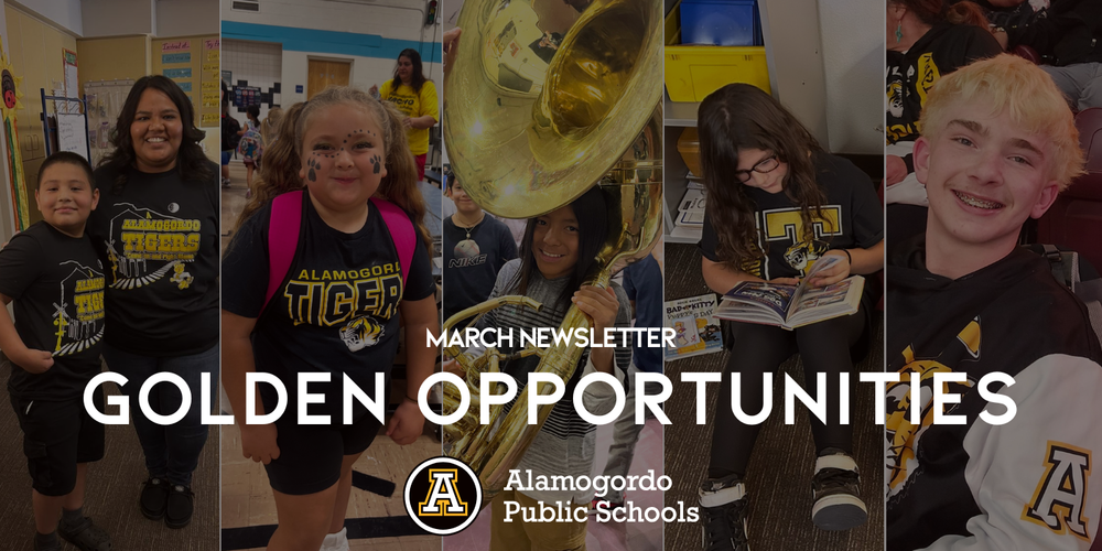 Golden Opportunities Newsletter Header Graphic of students and teacher wearing black & gold
