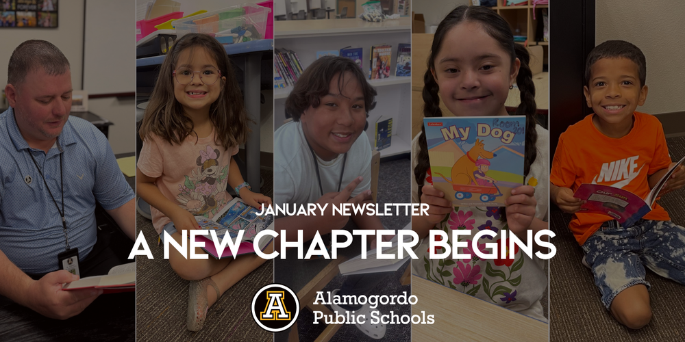 January Newsletter graphic with students and superintendent reading