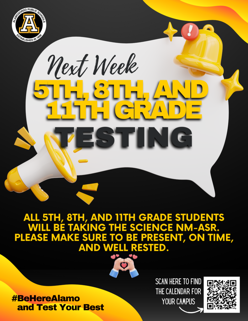 Science testing next week for all 5th, 8th and 11th graders